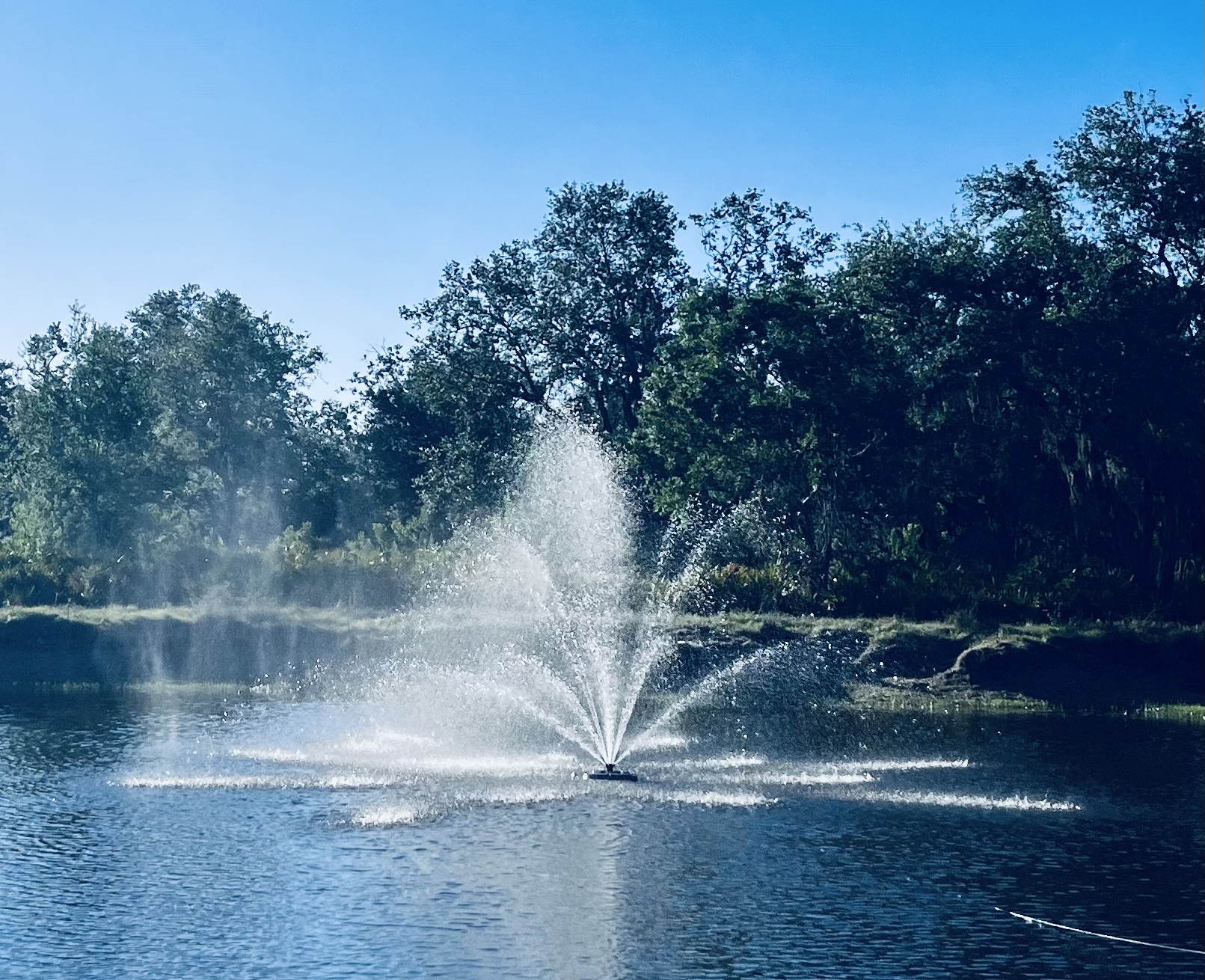 A fountain is spraying water into the lake.